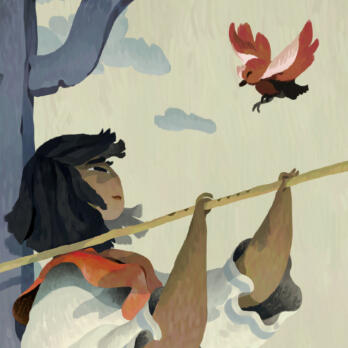 A photo of Yesai Oksa, the Enfolder. Tan woman with short white hair wearing a pink ribboned dress.