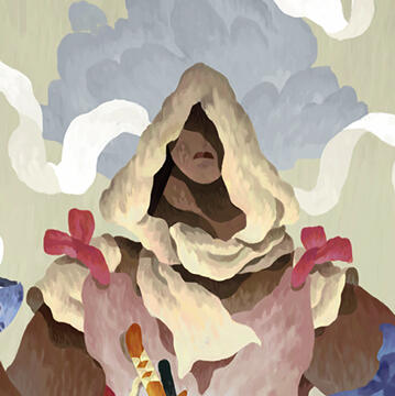 A photo of Yesai Oksa, the Enfolder. Tan woman with short white hair wearing a pink ribboned dress.